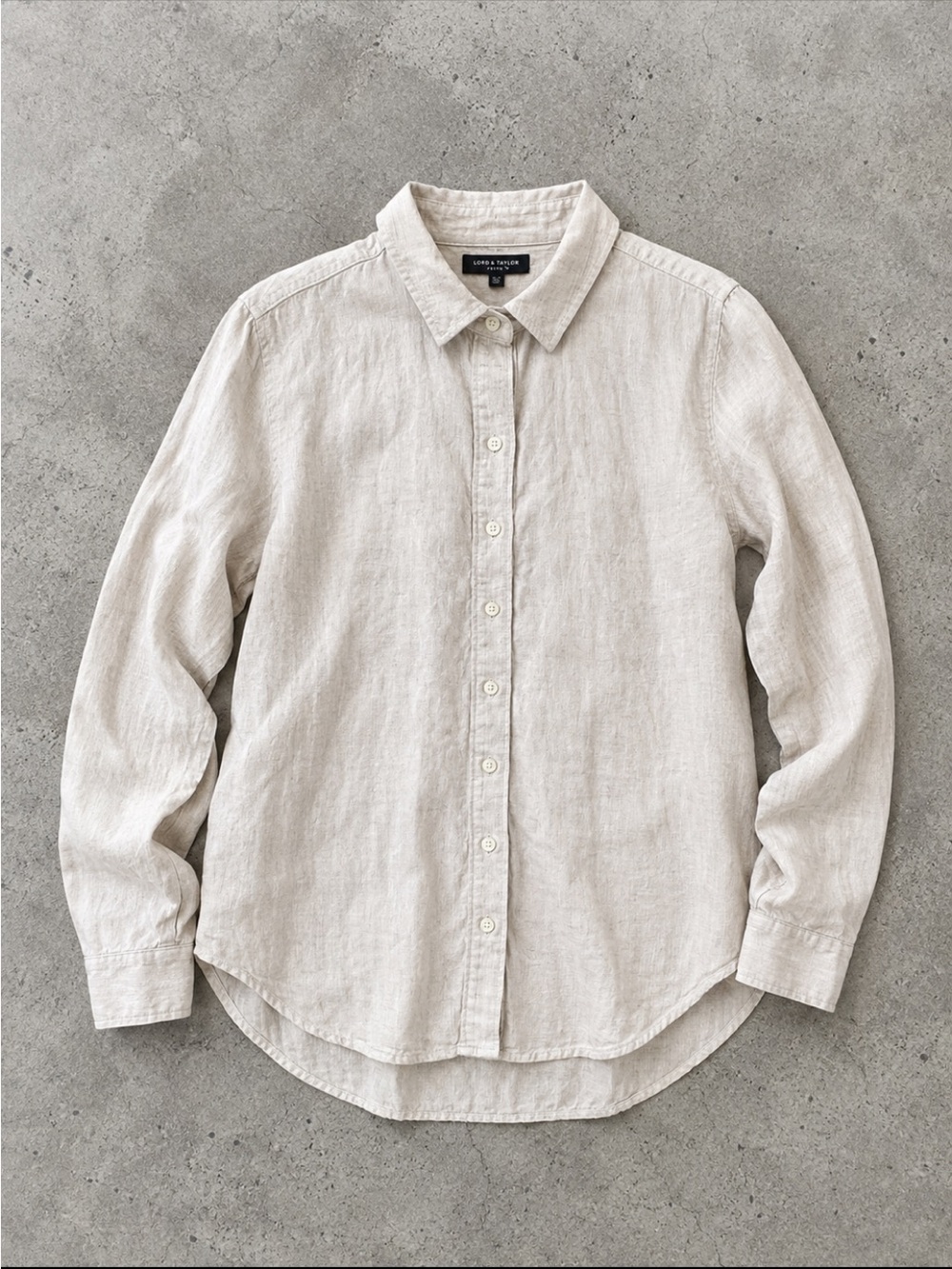 Lord & Taylor 100% Linen Button Front Blouse Petite PL Beige Long Sleeve Classic